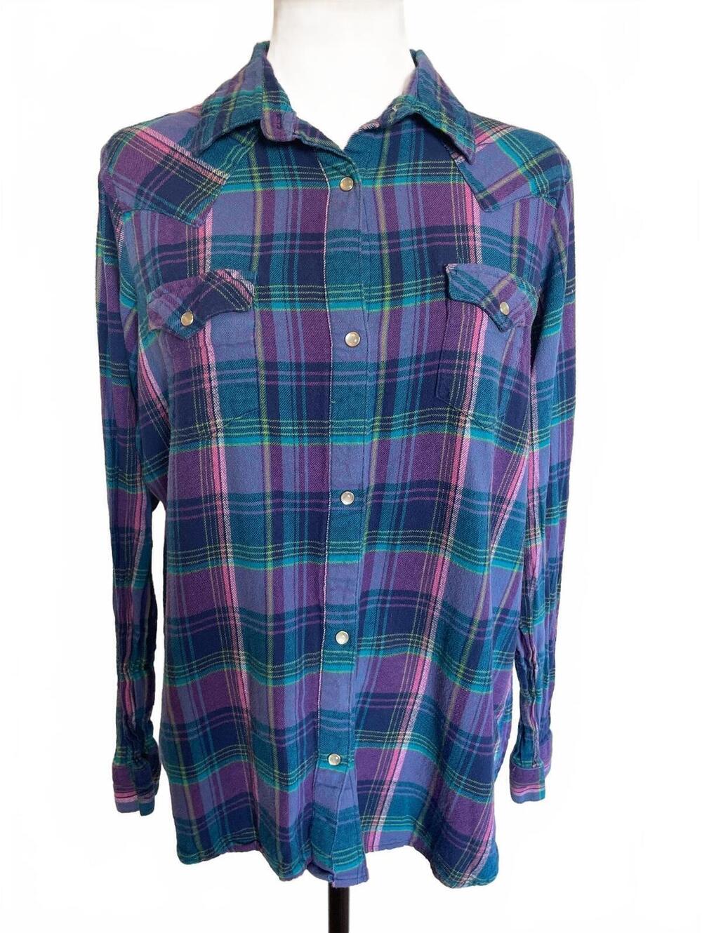 Vintage Wrangler Purple Plaid Pearl Snap Shirt XXL Western Cowgirl Rodeo Ranch